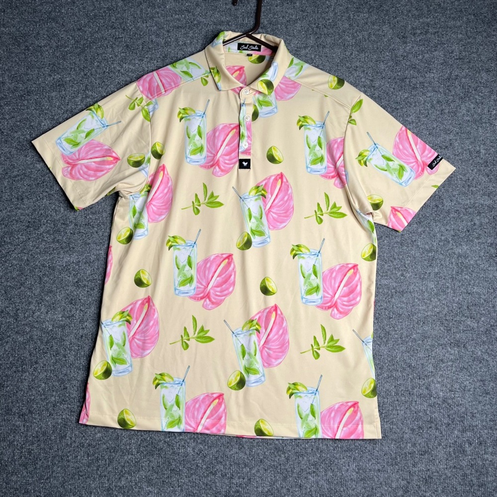 Bad Birdie Mens Mojito Tropical Floral Golf Polo Shirt Large Performance